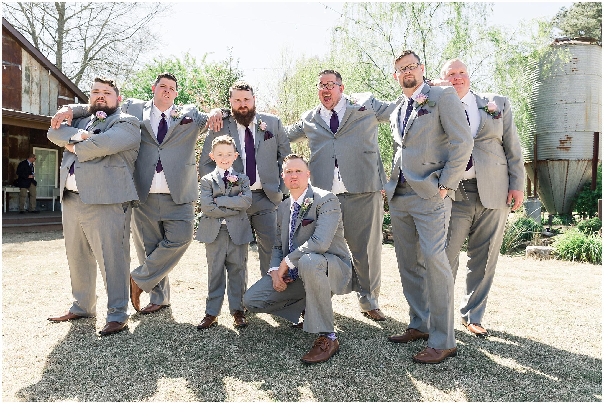 grey gray groomsman suits tuxs purple ties 9 oaks farm spring wedding pictures_0005.jpg