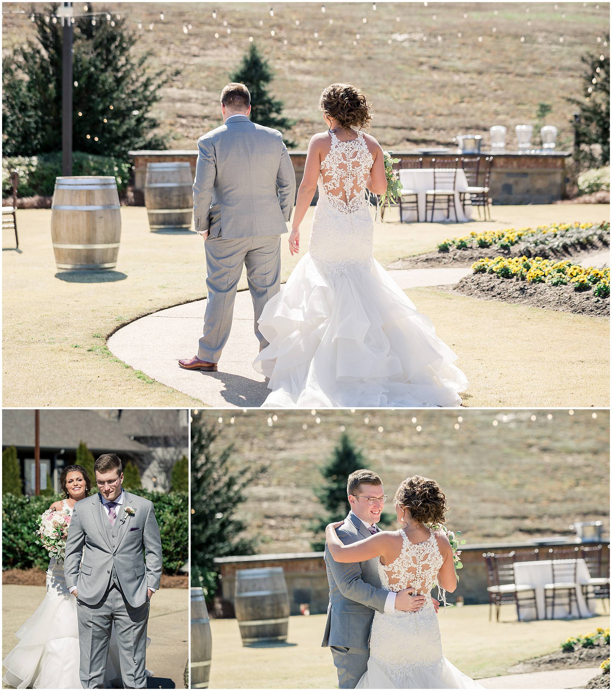 bride and groom first look pictures yonah mountain vineyard wedding