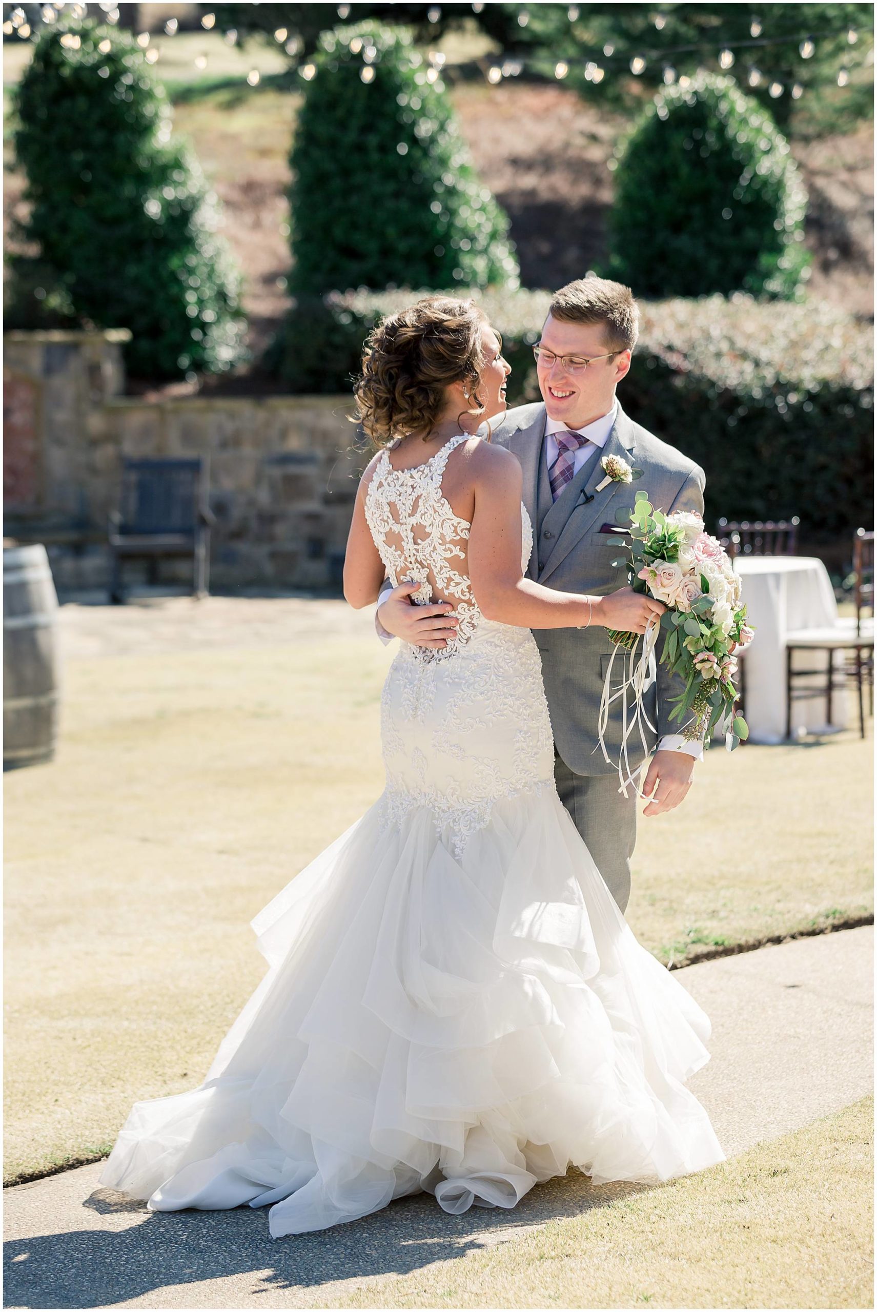 bride and groom first look pictures yonah mountain vineyard wedding