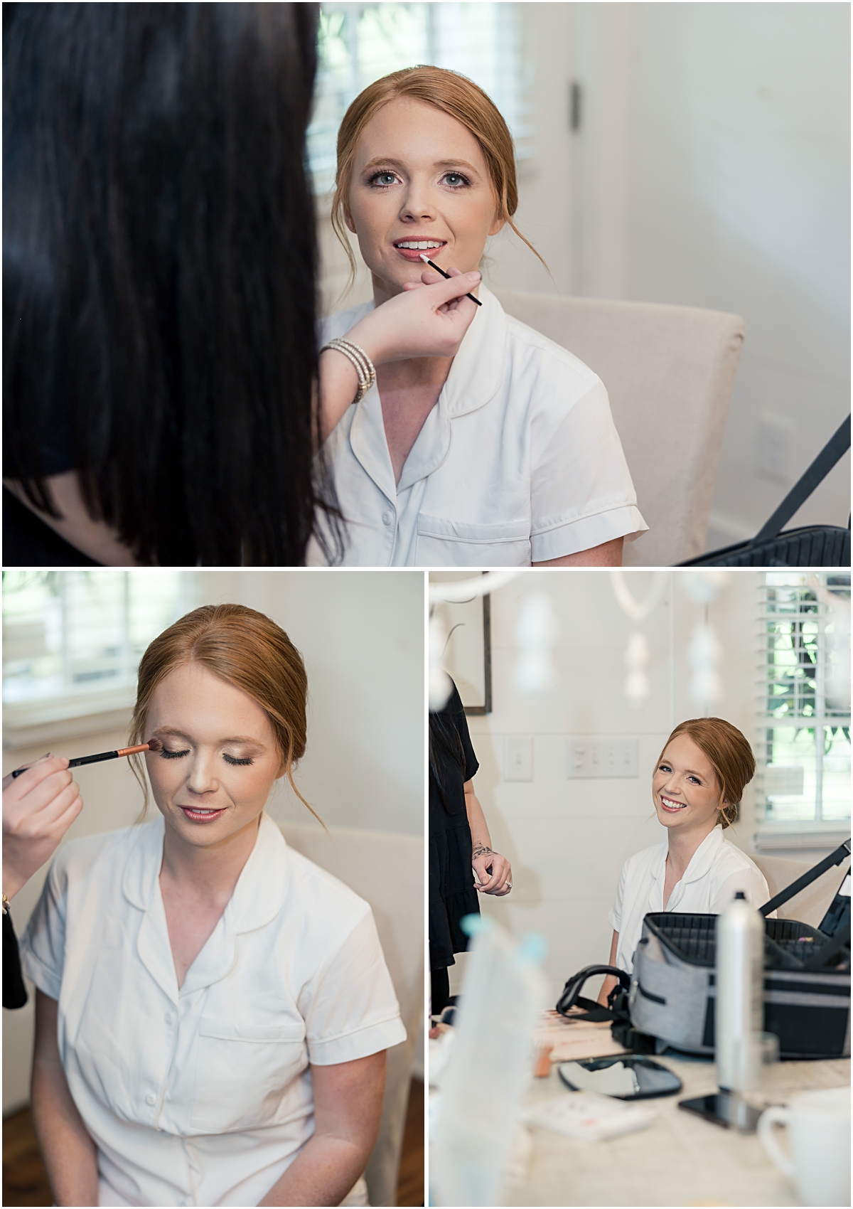 Collage of bride getting her makeup done