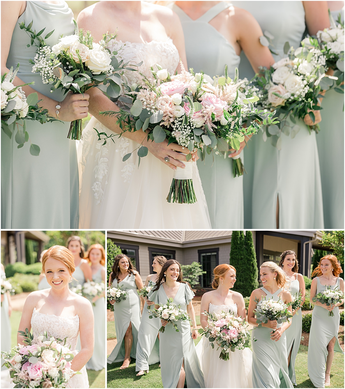 Collage of bride and bridesmaids posing with their bouquets