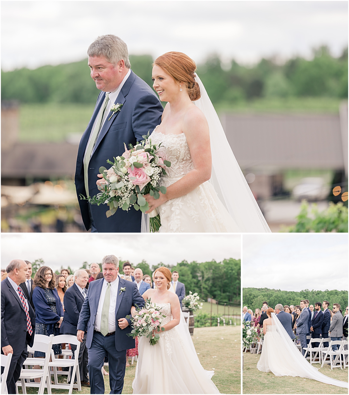 Collage of Grace and her father walking her down the aisle at Cleveland GA Wedding Venues