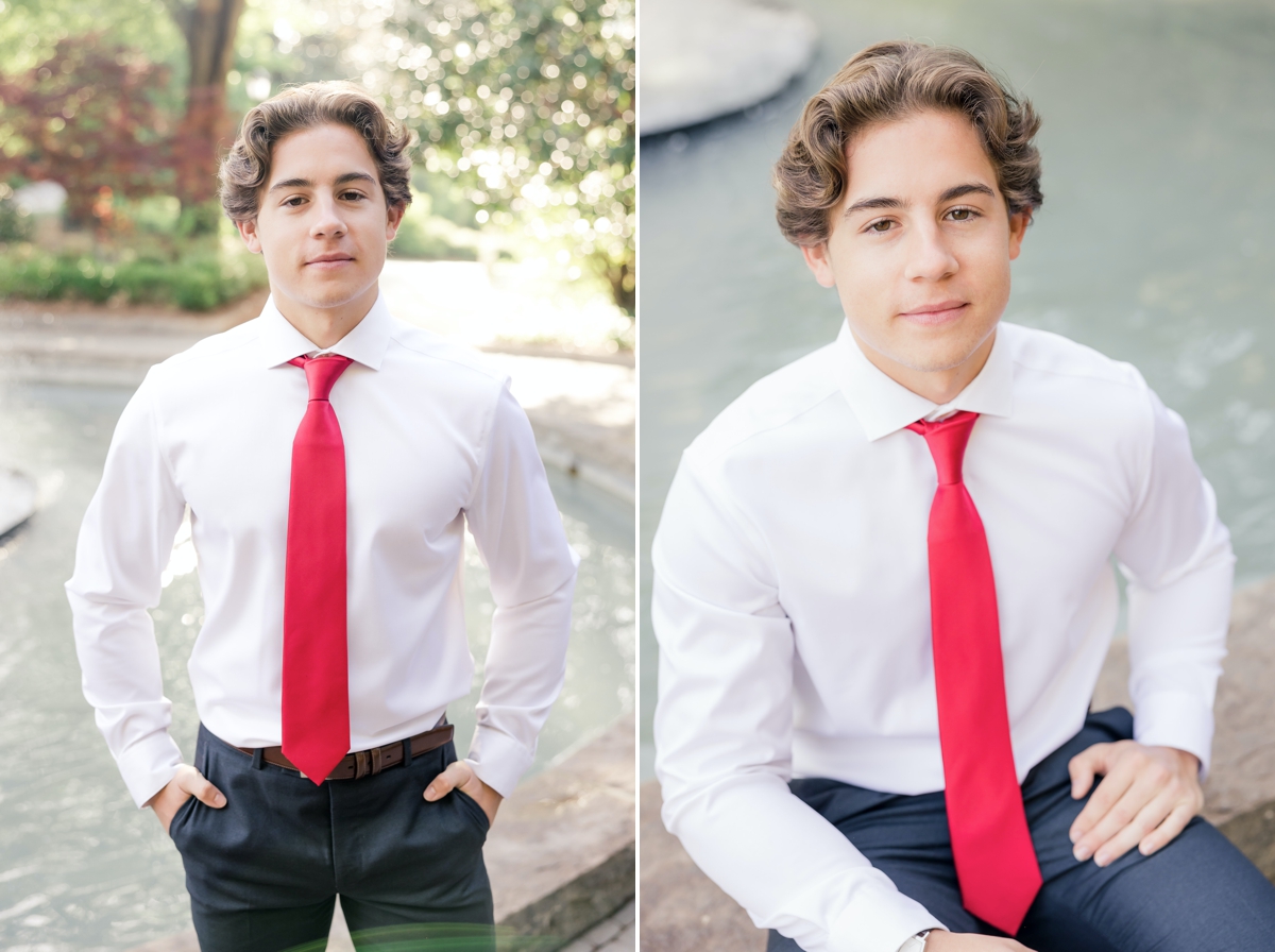 Collage of a man standing in front of a fountain wearing a suit and red tie and sitting on the edge of the fountain during his graduation photos.