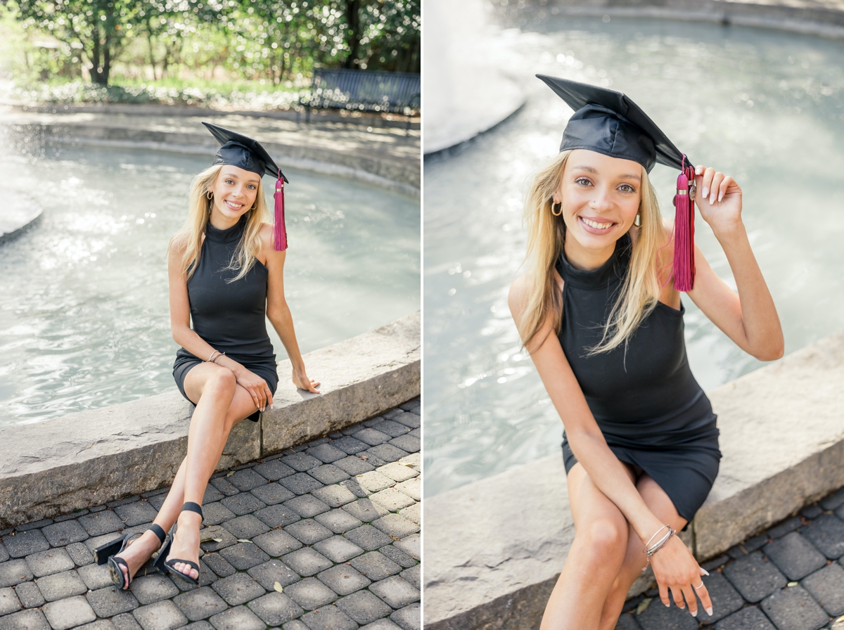 Collage of a woman in a black cocktail dress sitting on the edge of a fountain wearing her college graduation cap