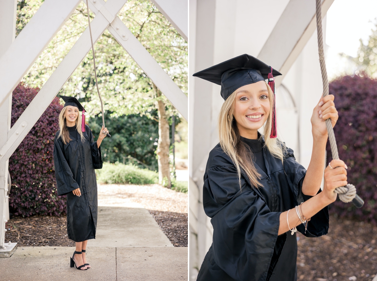 Collage of a woman in her college cap and gown pulling the graduation bell at UGA