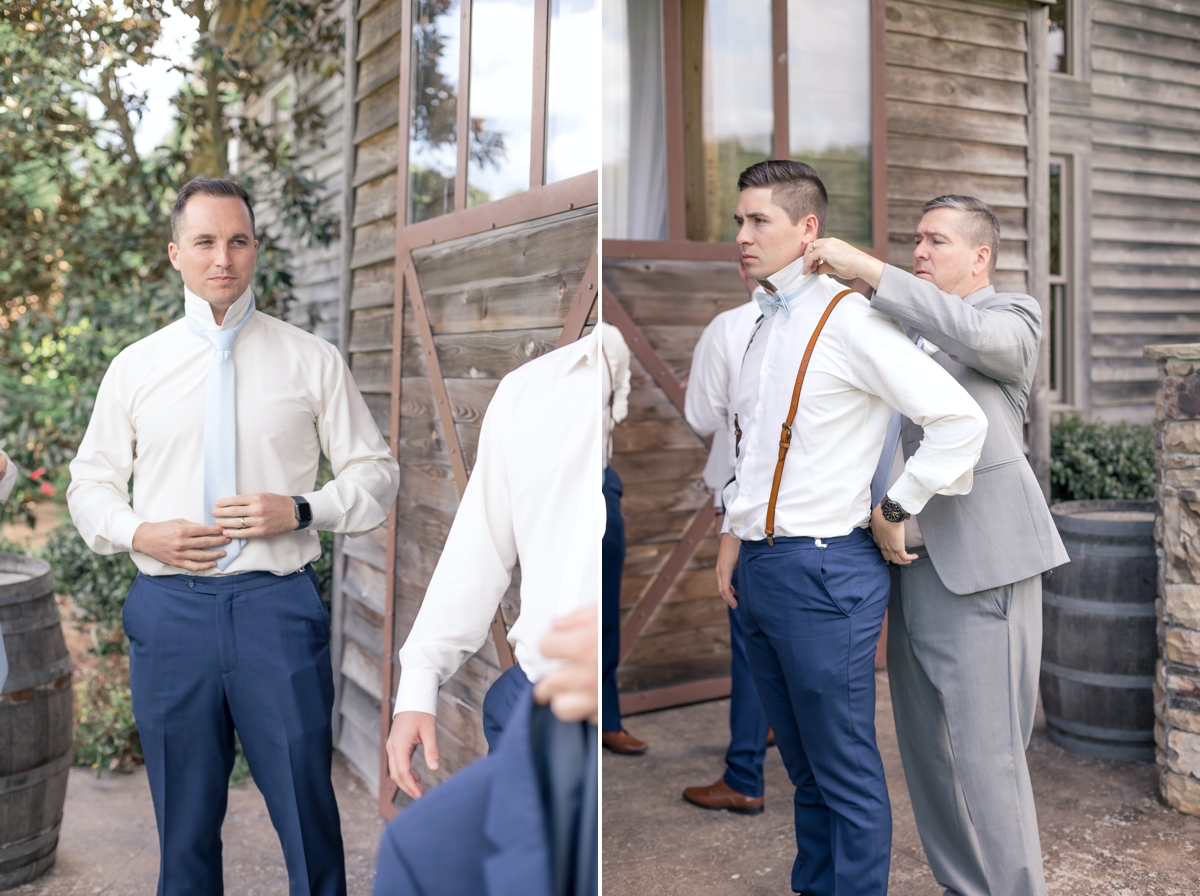 Collage of Chris being helped into his wedding day suit in front of the groom's suit at Walters Barn.
