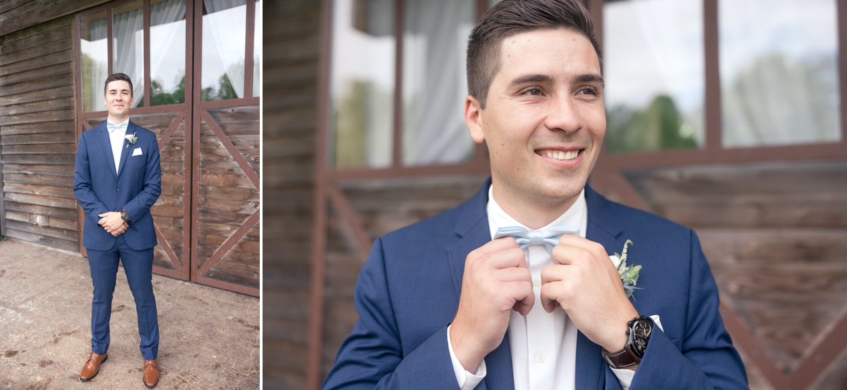 Collage of Chris smiling in his wedding day suit at the entrance of Walters Barn and a close up photo of Chris smiling while he straightens his light blue bowtie.