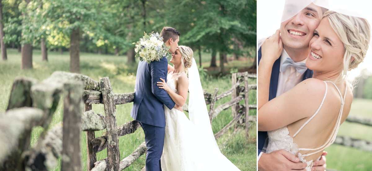 Collage of Chris leaning against a wooden fence and kissing Grace's forehead while she leans into him and laughs and Grace and Chris smiling under her wedding veil.
