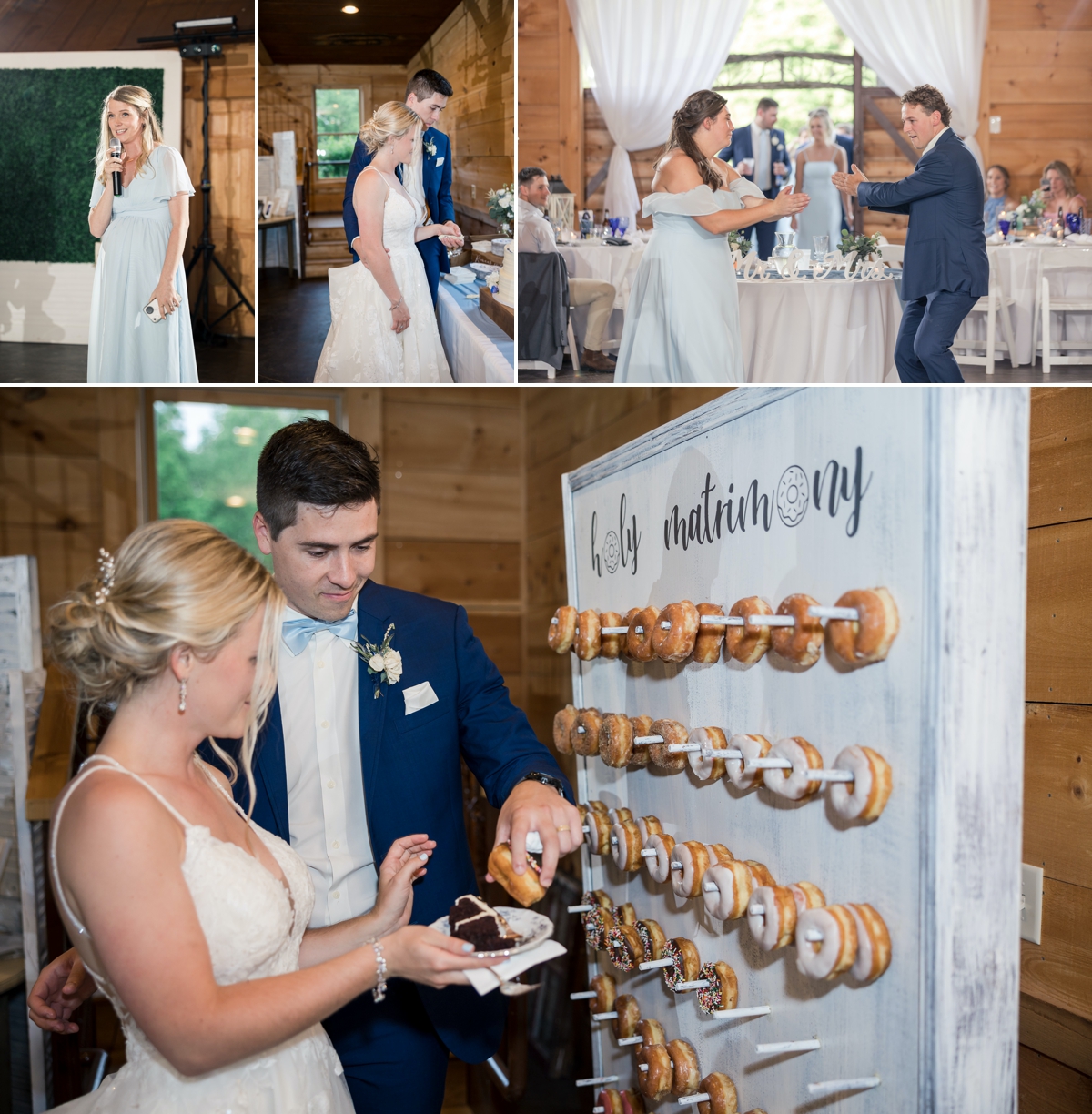 Collage of Grace and Chris cutting their wedding cake and getting a donut off the donut wall and their maid of honor's speech during their reception at Walters Barn.