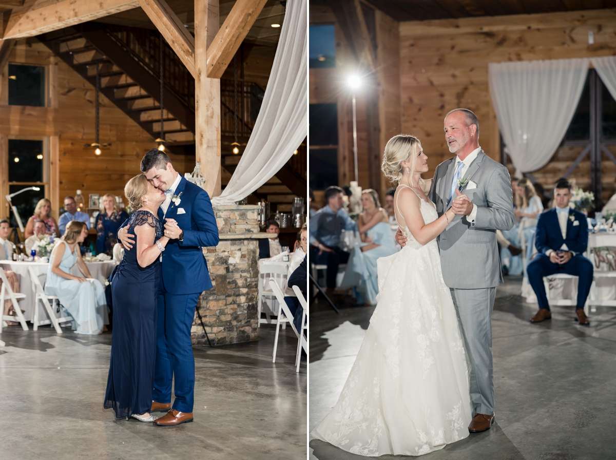 Collage of Grace and her dad during their father/daughter dance and Chris with his mom during the mother son dance on their wedding day at Walters Barn.