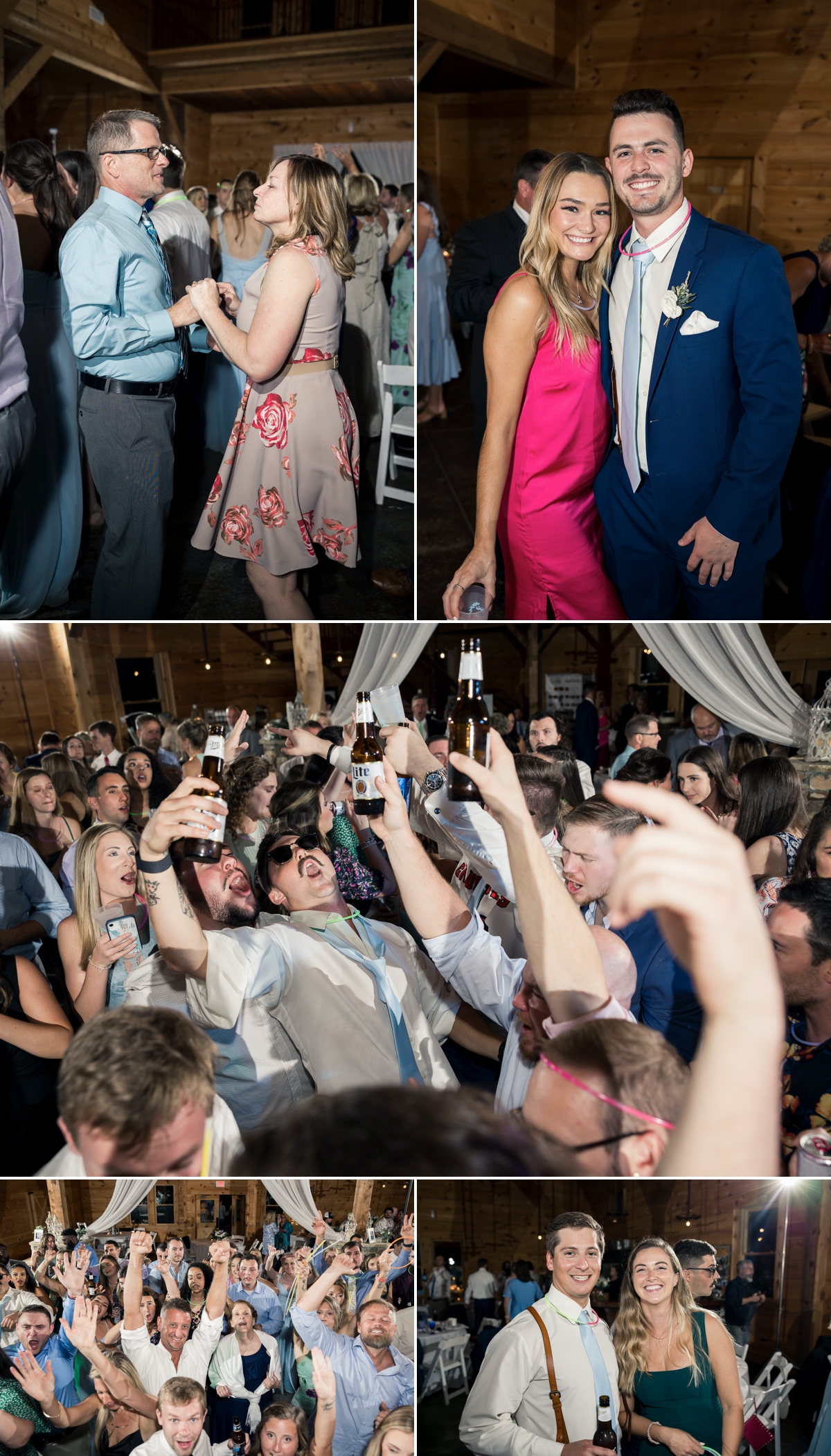 Collage of Chris and Grace's wedding guests partying during their wedding reception. 