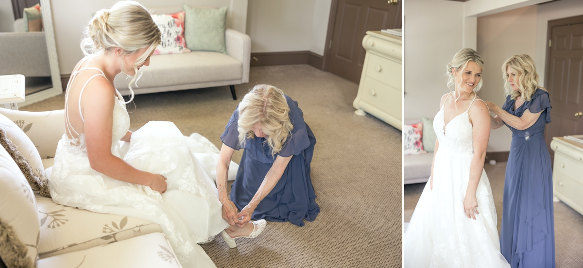 Collage of Grace's mom helping her put her wedding dress and shoes on in the bridal suite at Walters Barn.