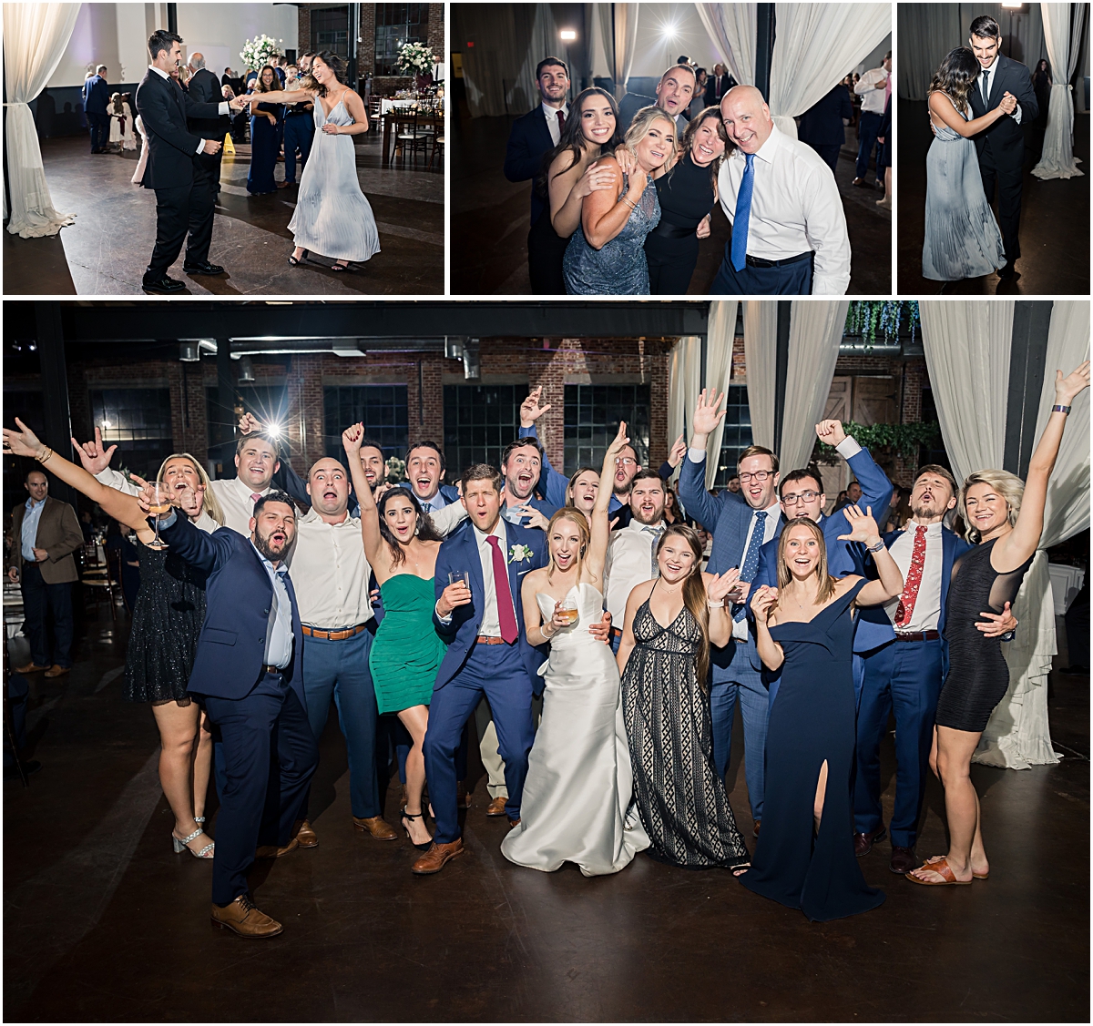 collage of guests with bride and groom at their Georgia wedding venue during their reception at the foundry at puritan mill