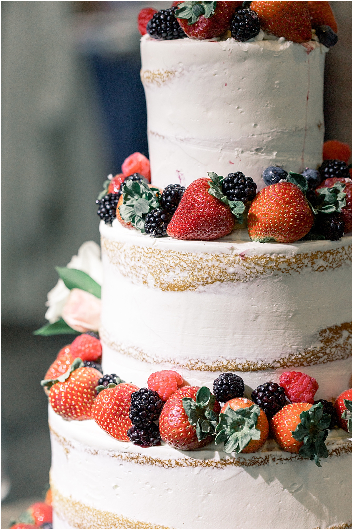 close up photo of a naked cake with white icing and fresh berries