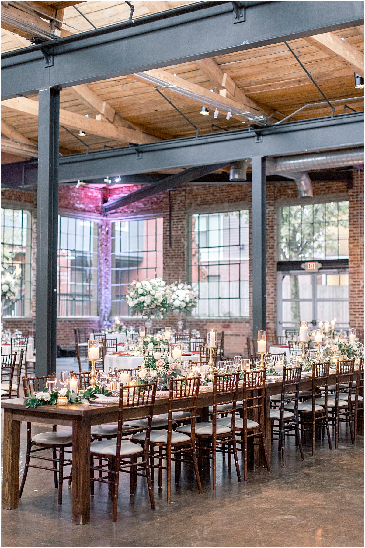 pulled back look at a maroon, white and blue reception at the Foundry at Puritan Mill in GA