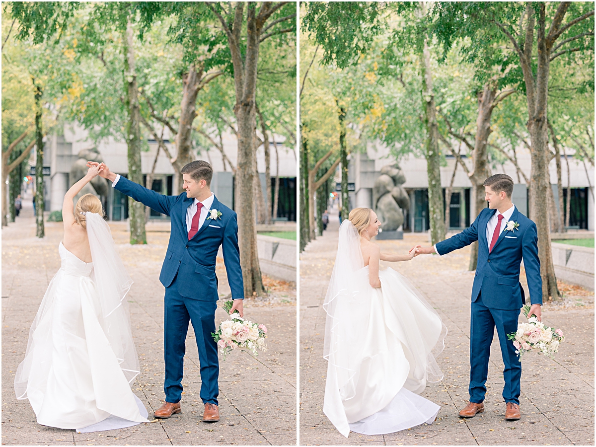 collage of two vertical images where groom is spinning around the bride